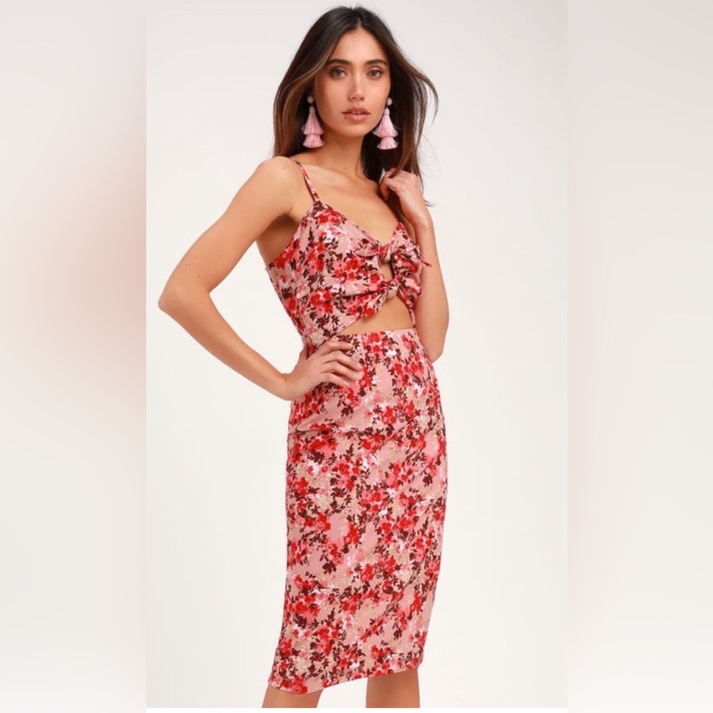 WAYF Victoria Mauve Pink Floral Print Tie-Front Cutout Dress midi small